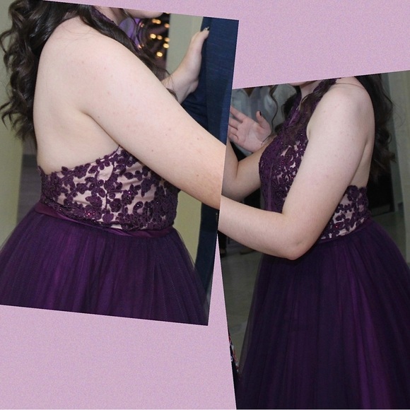 MADISON JAMES Elegant Purple Floral Lace Maxi Formal Ball Gown - Picture 14 of 17